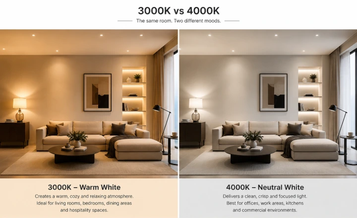 Modern interior comparing warm 3000K lighting with neutral 4000K lighting.