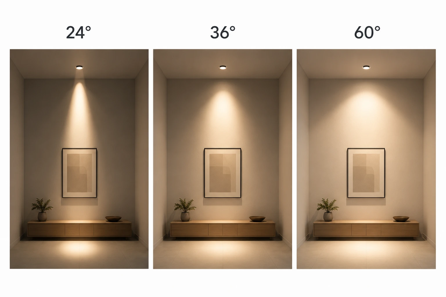 LED Spotlight Beam Angle Comparison (24°, 36°, 60°) Comparison of 24°, 36°, and 60° LED spotlight beam angles showing how narrow, medium, and wide light distributions affect illumination coverage in the same interior.