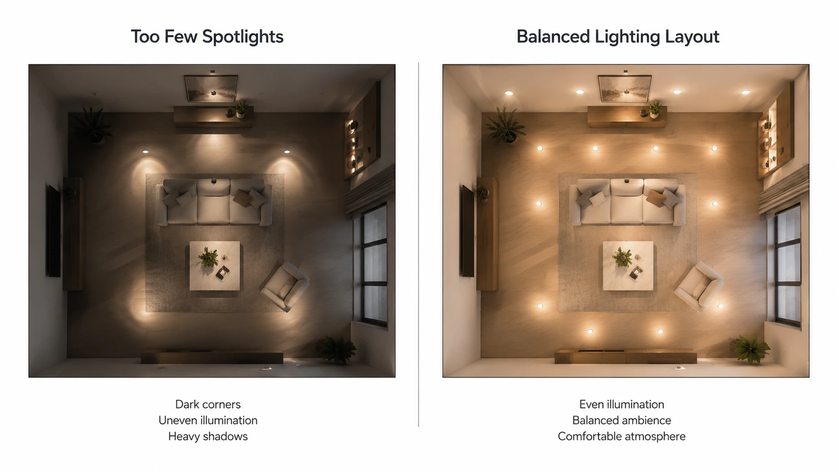 Spotlight Layout Comparison: Too Few vs Balanced Lighting Comparison of a living room with too few recessed LED spotlights versus a balanced spotlight layout, demonstrating the impact of fixture quantity and spacing on light distribution.