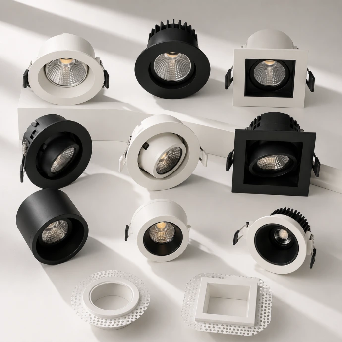 Collection of NOX recessed LED spotlights including fixed, adjustable, round, square, and trimless architectural designs.