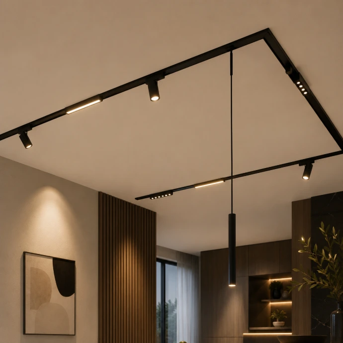 Modern black magnetic track lighting system with linear modules, spotlights, and pendant lighting installed in a contemporary interior.
