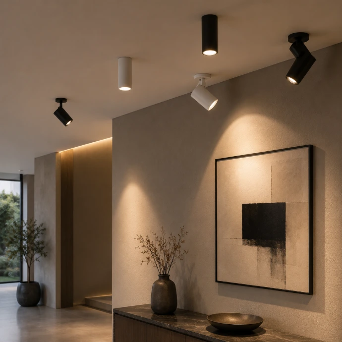 White and black surface-mounted LED spotlights illuminating artwork in a modern interior with warm 3000K lighting.