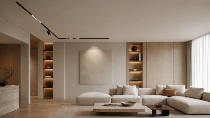 Modern living room with black magnetic track lighting and flush lighting modules