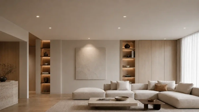 Modern living room illuminated by discreet white trimless recessed spotlights