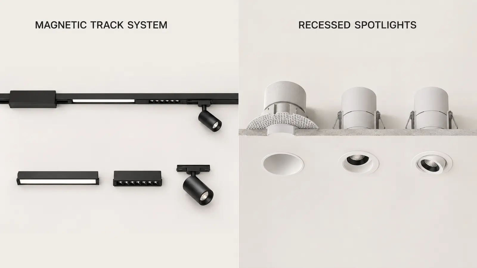 System anatomy comparison of magnetic track lighting and recessed spotlights