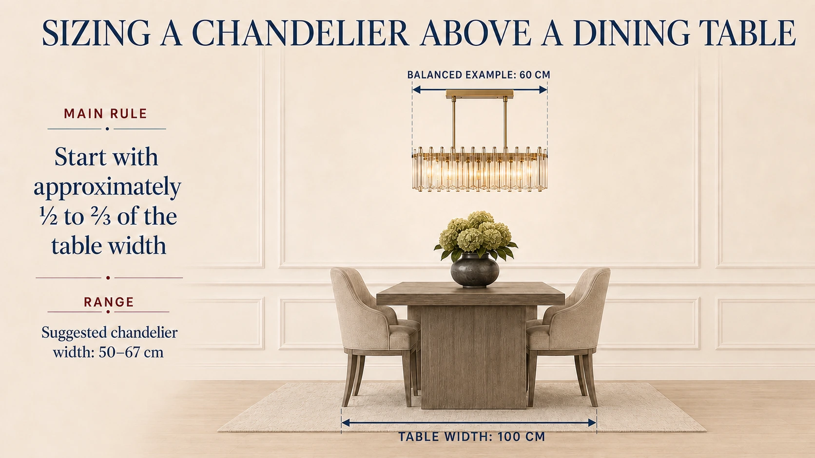 Dining table chandelier sizing diagram showing a 60 centimetre chandelier above a 100 centimetre wide table