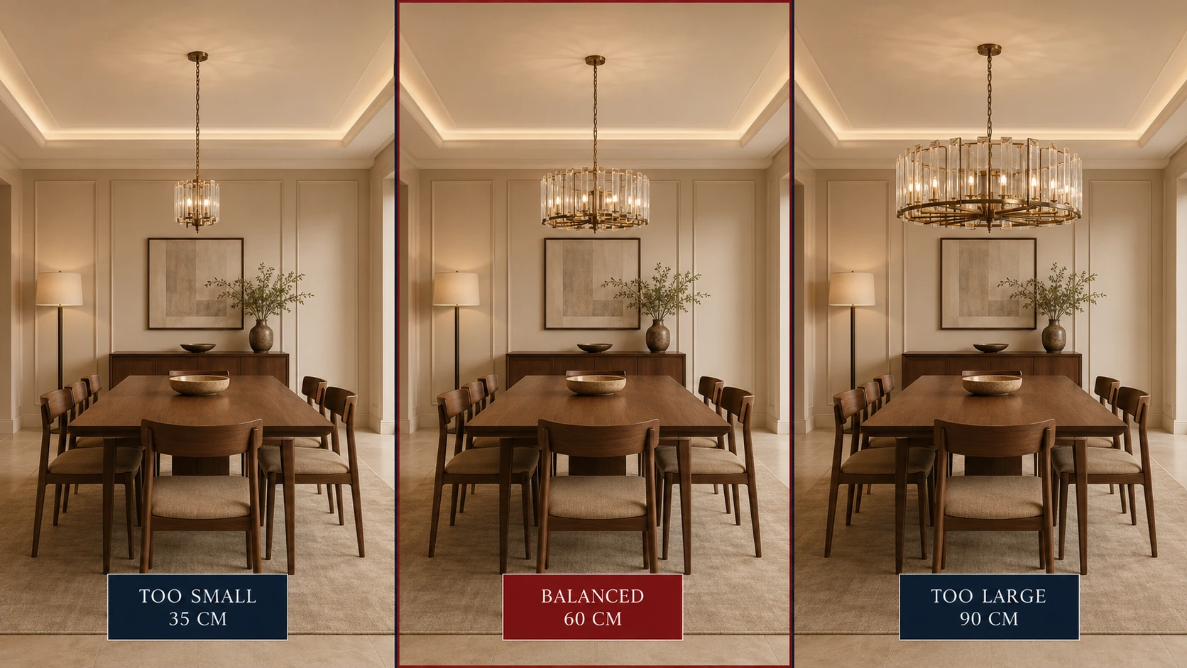 Comparison of the same chandelier at 35, 60 and 90 centimetres showing too small, balanced and too large proportions above a dining table