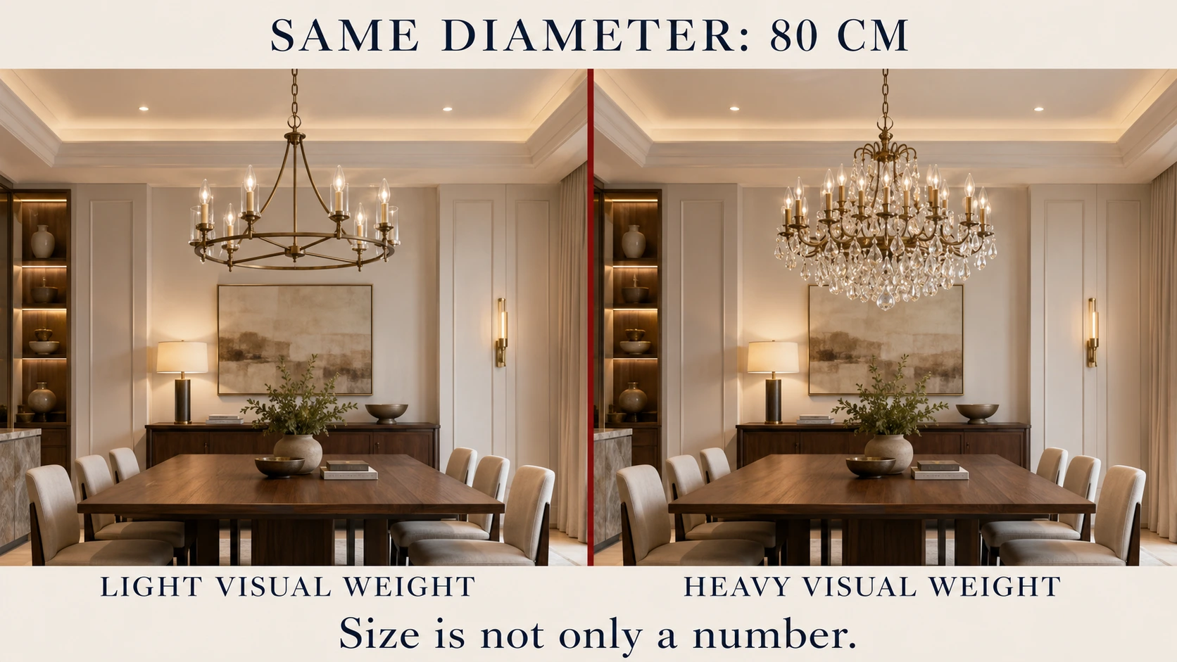 Two chandeliers with the same 80 centimetre diameter showing light open-frame and heavy crystal visual weight in identical dining rooms