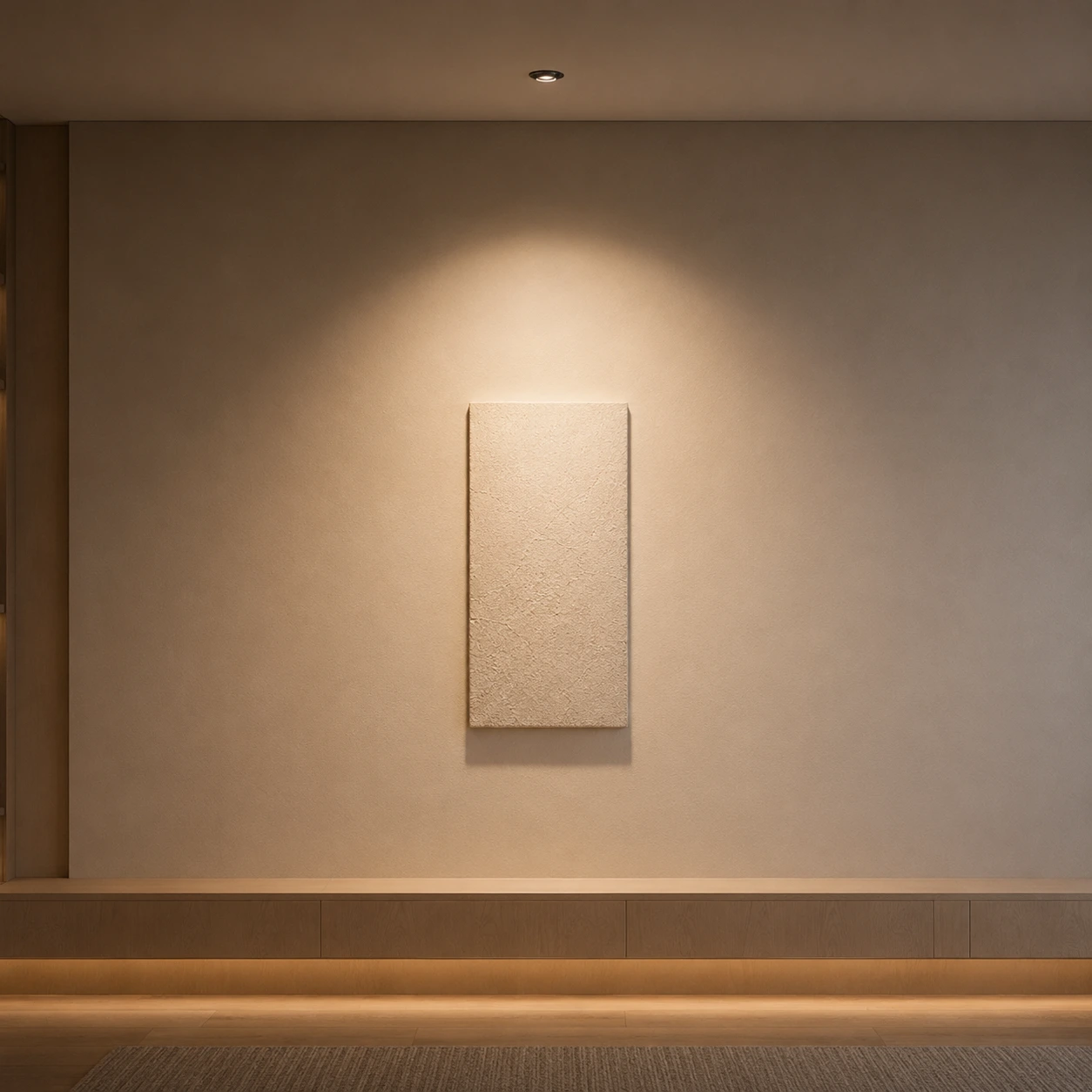 Wide 60-degree spotlight beam creating broad soft illumination across a textured wall panel