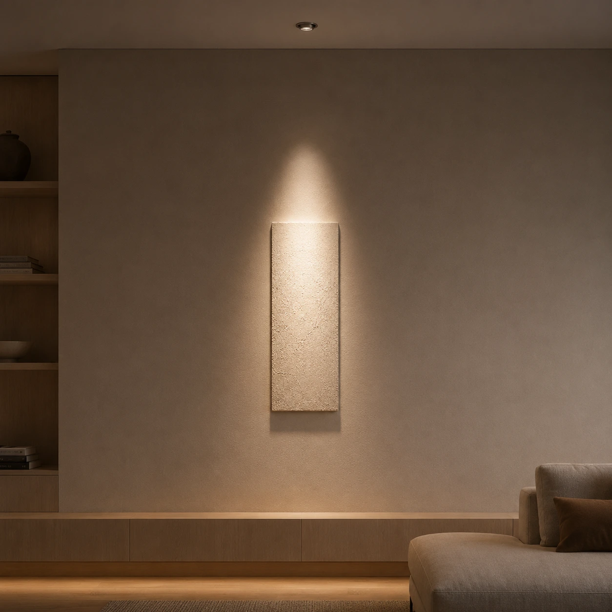 Narrow 24-degree spotlight beam highlighting a textured wall panel in a modern interior