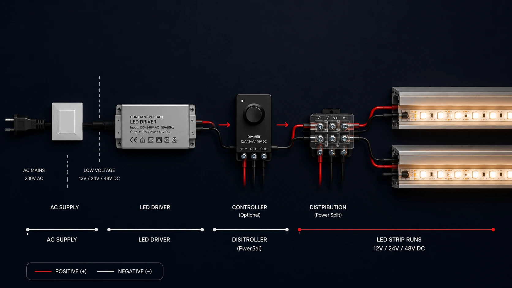 LED strip system flow showing AC supply, constant-voltage driver, controller, distribution point, and two LED strip runs