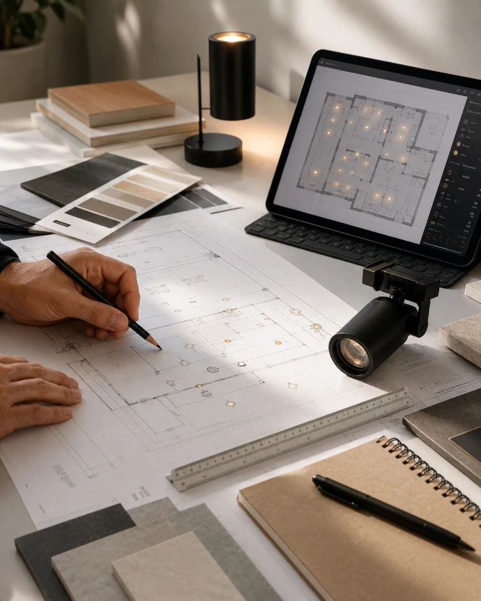 Lighting project planning workspace with floor plans, fixture samples, material swatches, and a digital lighting layout.