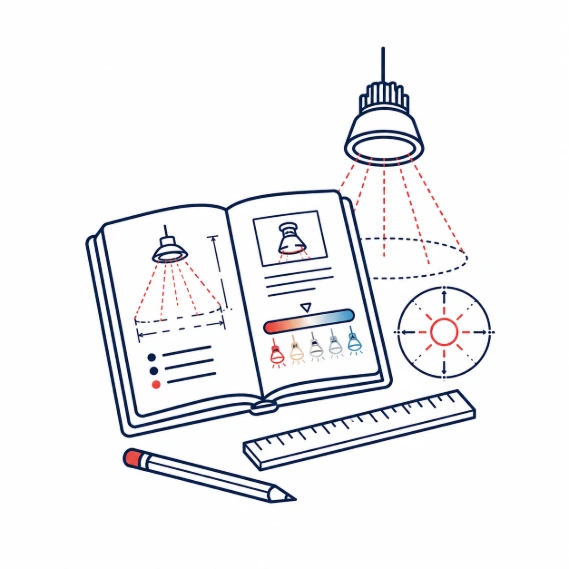 Lighting guidebook with beam-angle diagrams, colour-temperature examples, ruler and planning tools.