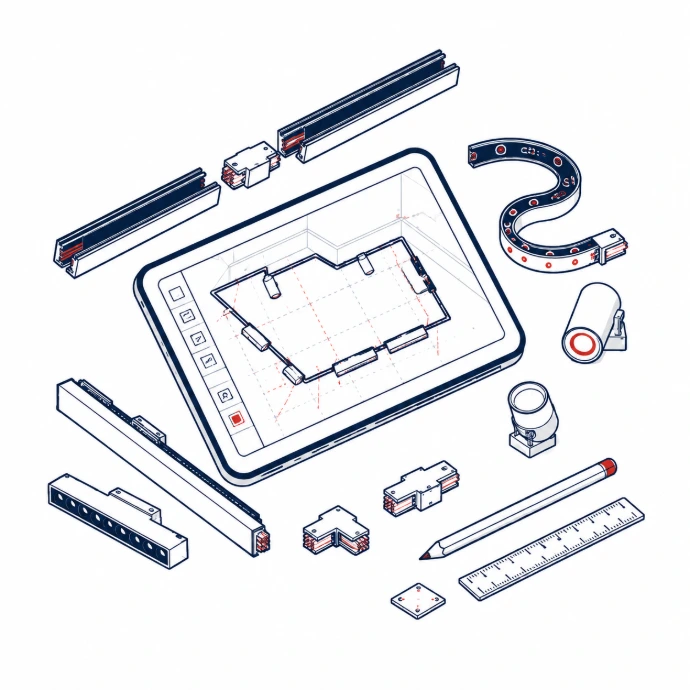 Modular lighting planner with track profiles, connectors, spotlights and a digital floor plan.