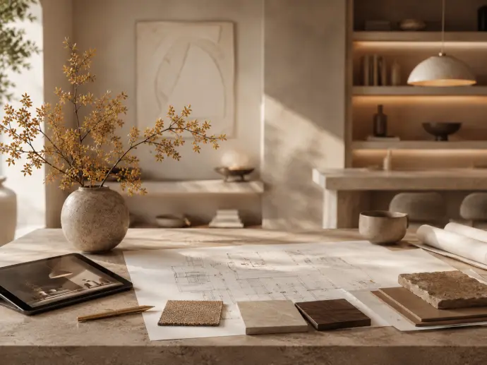 Lighting project planning with architectural plans and finish samples