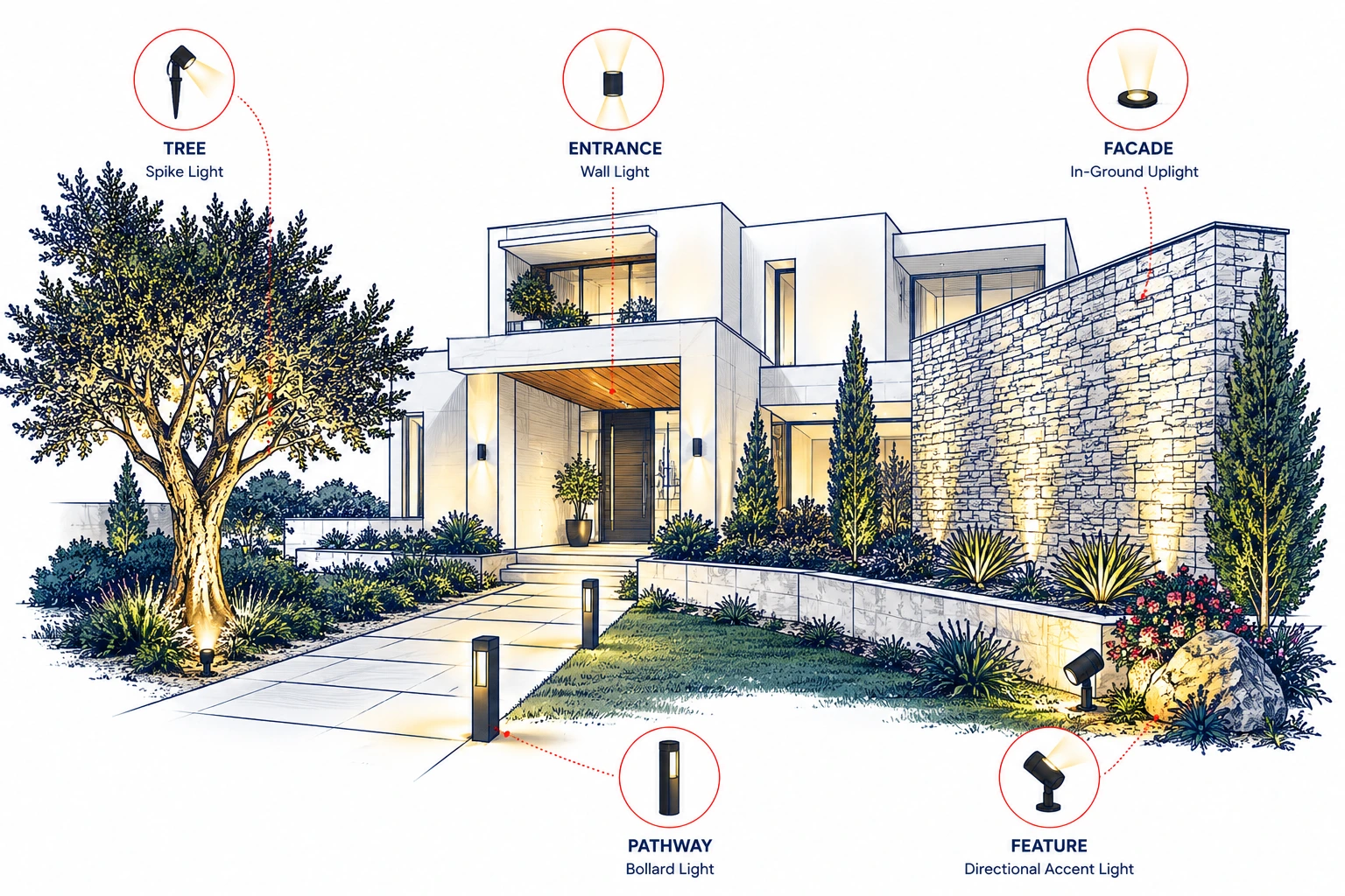 Where to Use Outdoor Lighting Fixtures Outdoor lighting layout showing wall lights, bollards, garden spike lights, in-ground uplights and landscape accent lighting