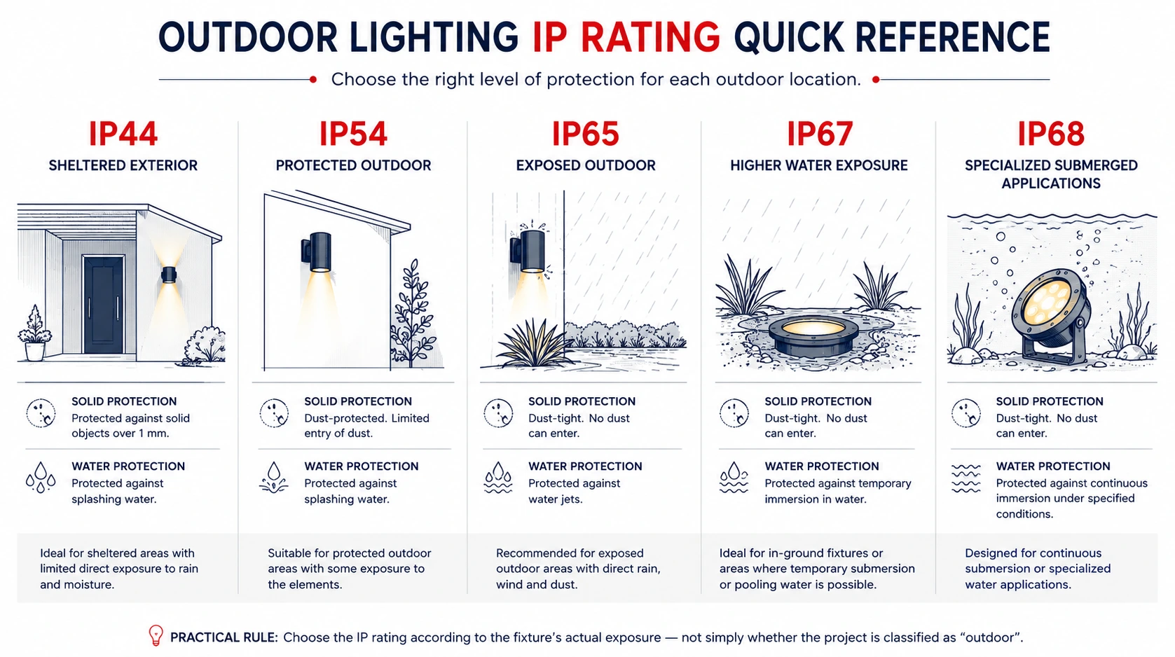 Outdoor Lighting IP Rating Guide Outdoor lighting IP rating comparison for IP44, IP54, IP65, IP67 and IP68 applications