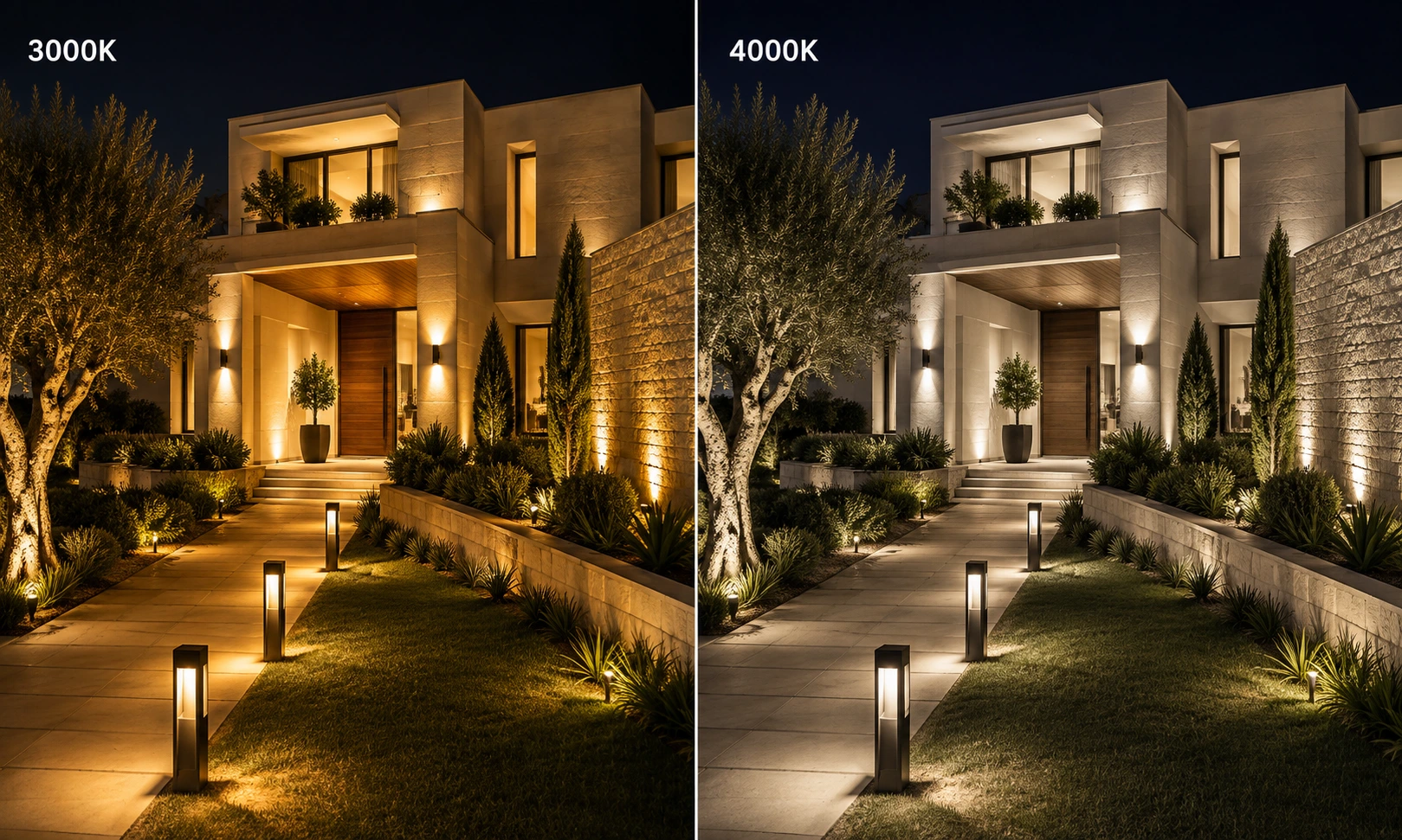 3000K vs 4000K Outdoor Lighting Same modern exterior illuminated with warm 3000K and neutral 4000K outdoor lighting for comparison
