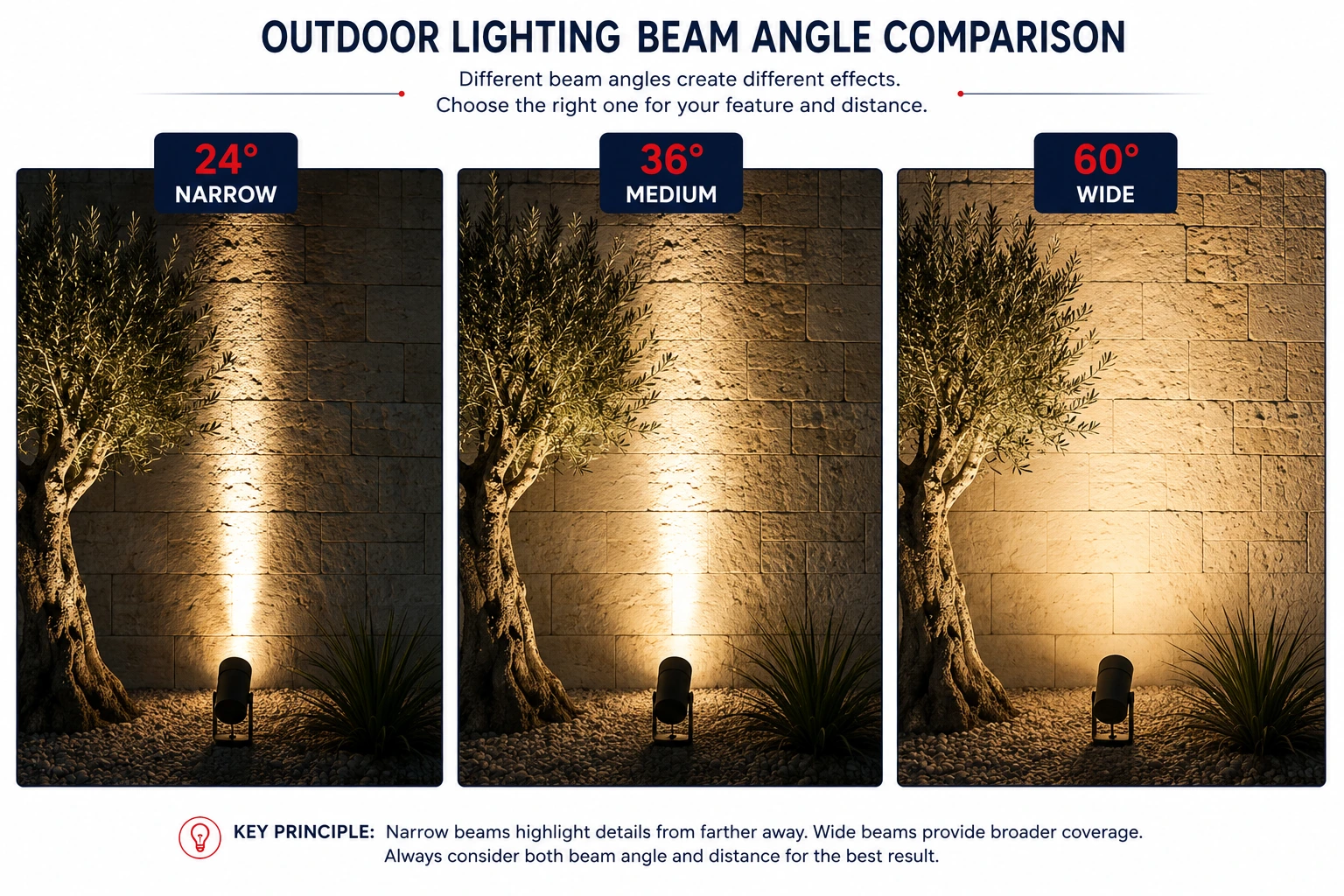 24 vs 36 vs 60 Degree Outdoor Beam Angles Comparison of 24 degree narrow, 36 degree medium and 60 degree wide outdoor lighting beam angles
