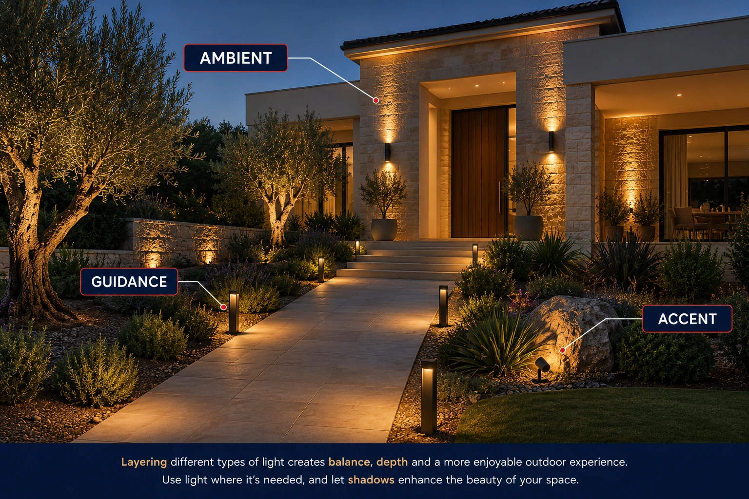 Layered Outdoor Lighting Design Modern villa demonstrating ambient, guidance and accent outdoor lighting with balanced light and shadow
