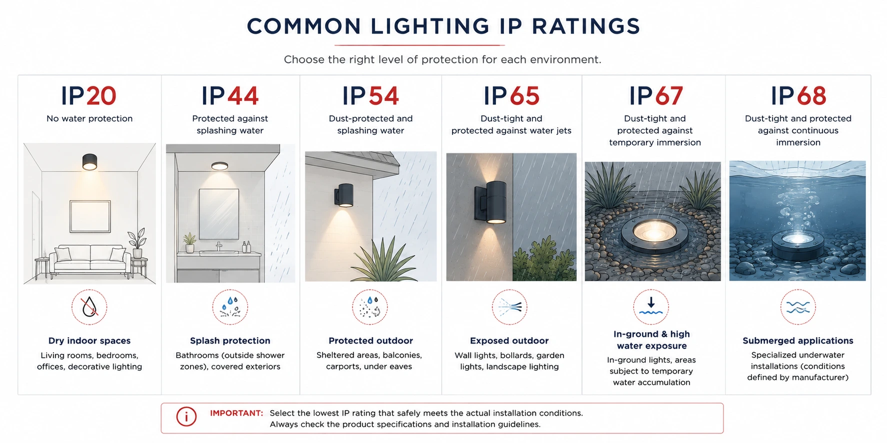Common Lighting IP Ratings: IP20 to IP68 Lighting IP rating comparison showing IP20, IP44, IP54, IP65, IP67 and IP68 with typical indoor and outdoor applications