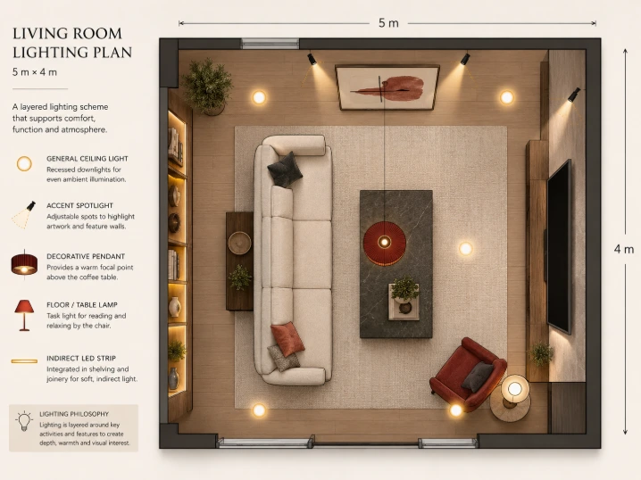 Top-down 5 × 4 metre living room lighting plan with ceiling lights, accent spotlights, decorative pendant, task lamp and LED strip lighting