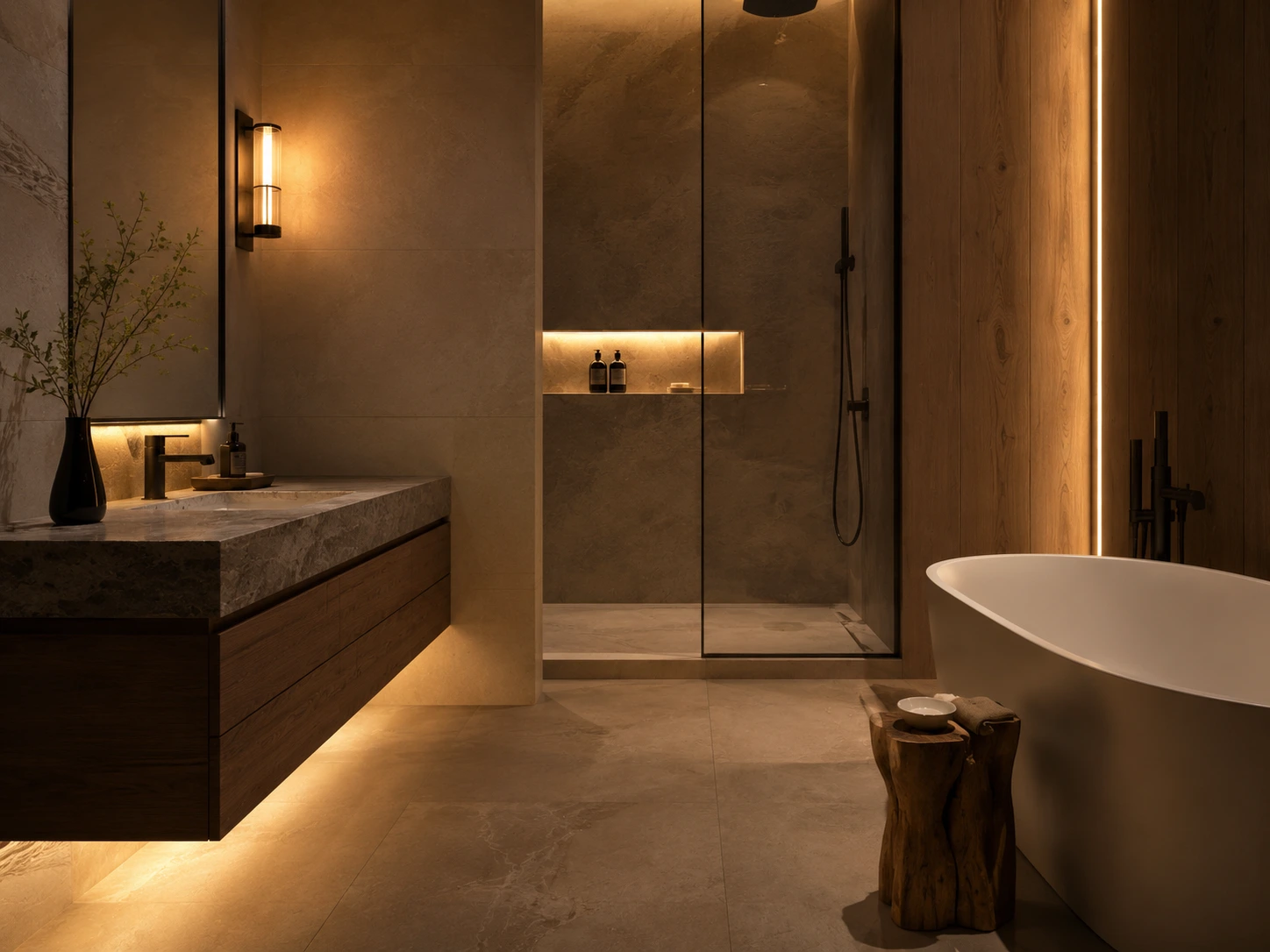 Accent and indirect LED lighting in a contemporary bathroom