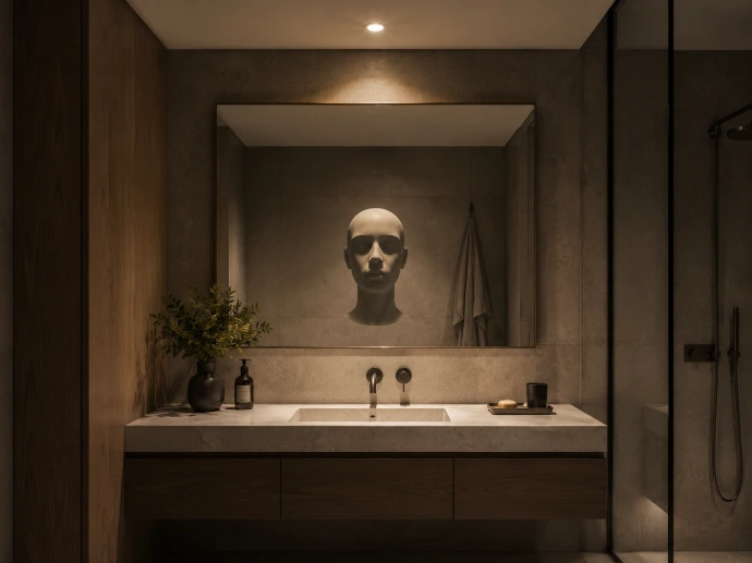 Bathroom mirror with overhead-only lighting creating strong facial shadows