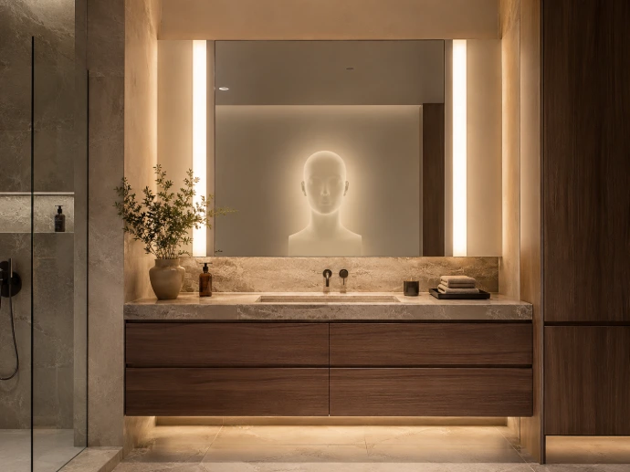 Bathroom mirror with vertical side lighting for more even facial illumination