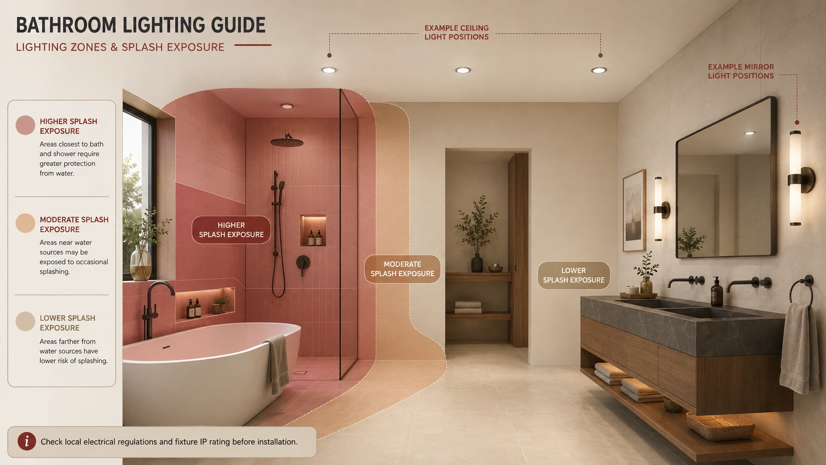Bathroom lighting diagram showing higher and lower splash exposure areas around the shower, bath and vanity
