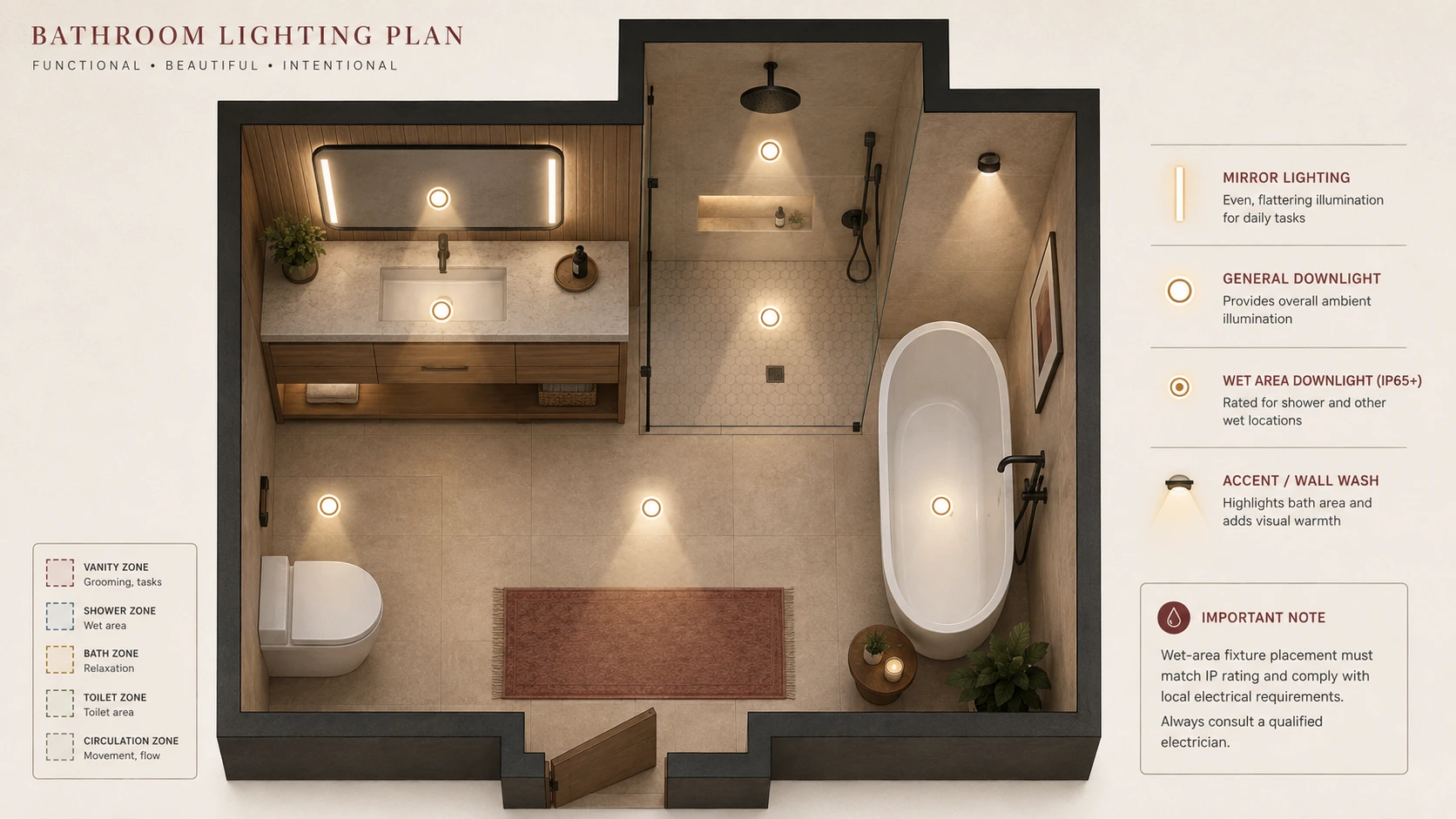 Top-down bathroom lighting plan showing mirror lights, general ceiling lights and wet-area fixture positions