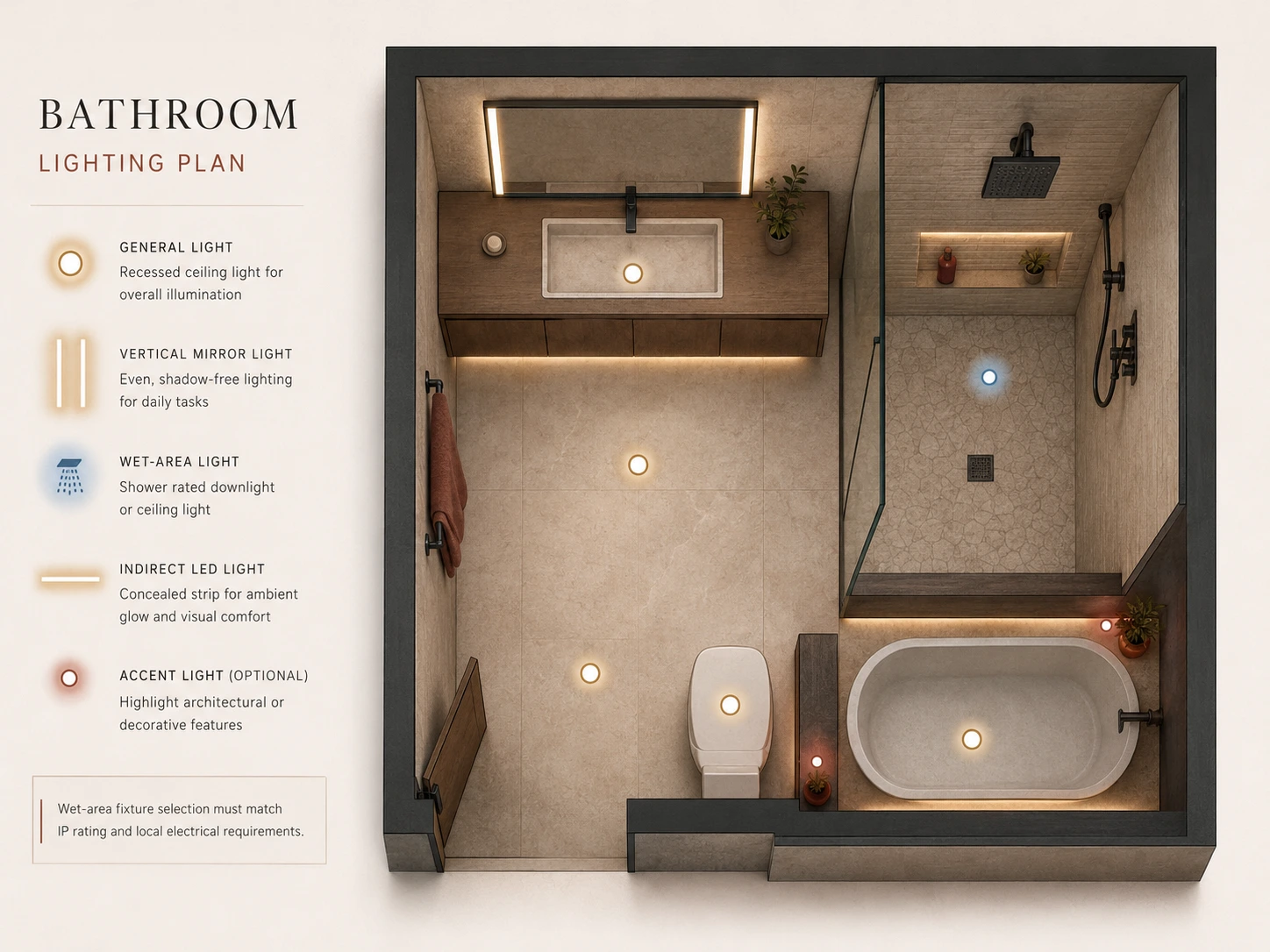 Layered bathroom lighting plan with mirror lighting, wet-area light, ceiling lights, indirect LED strip and accent lighting