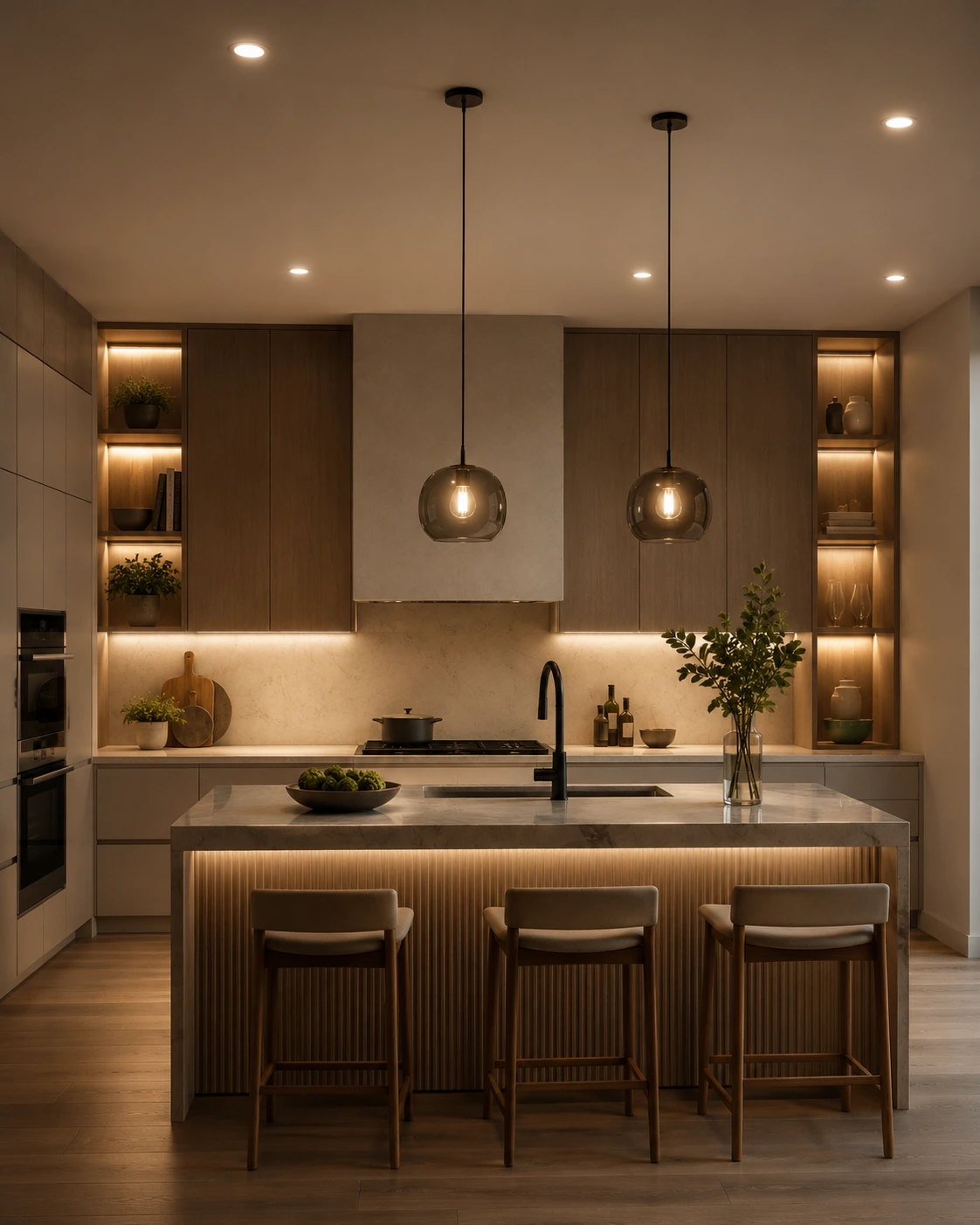 Modern kitchen showing layered lighting with ceiling spots, pendant lights and under-cabinet LED lighting