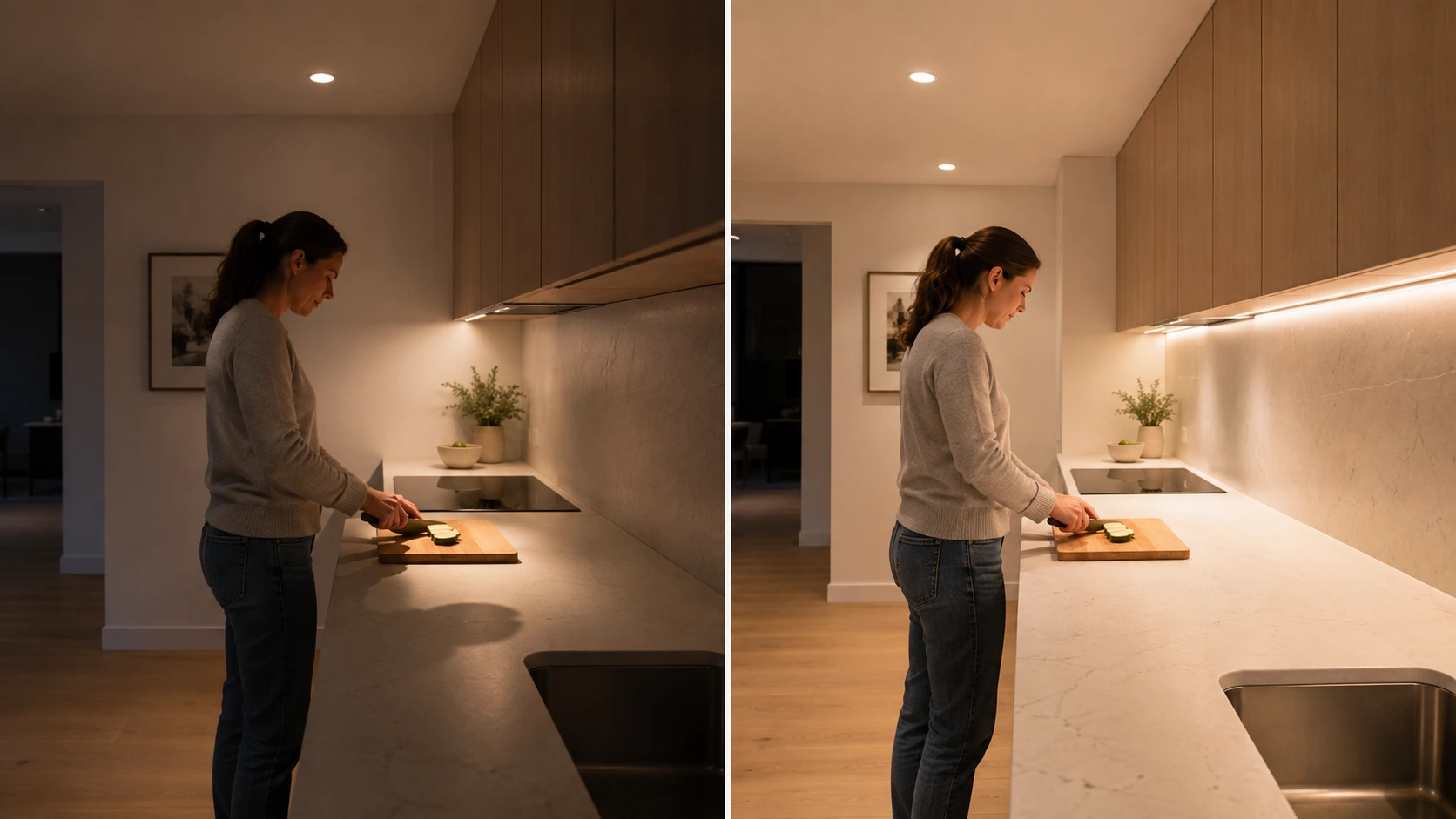 Kitchen task lighting comparison showing countertop shadow from poor spotlight placement and improved under-cabinet lighting