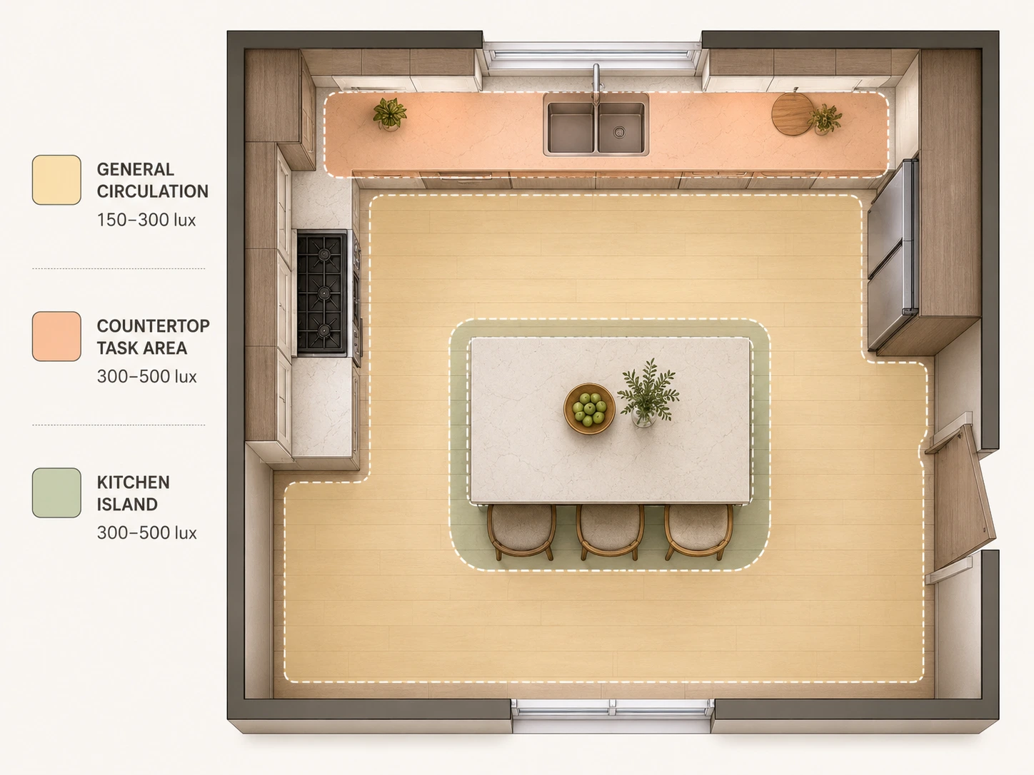 Kitchen lighting plan showing general circulation at 150–300 lux and task areas at 300–500 lux