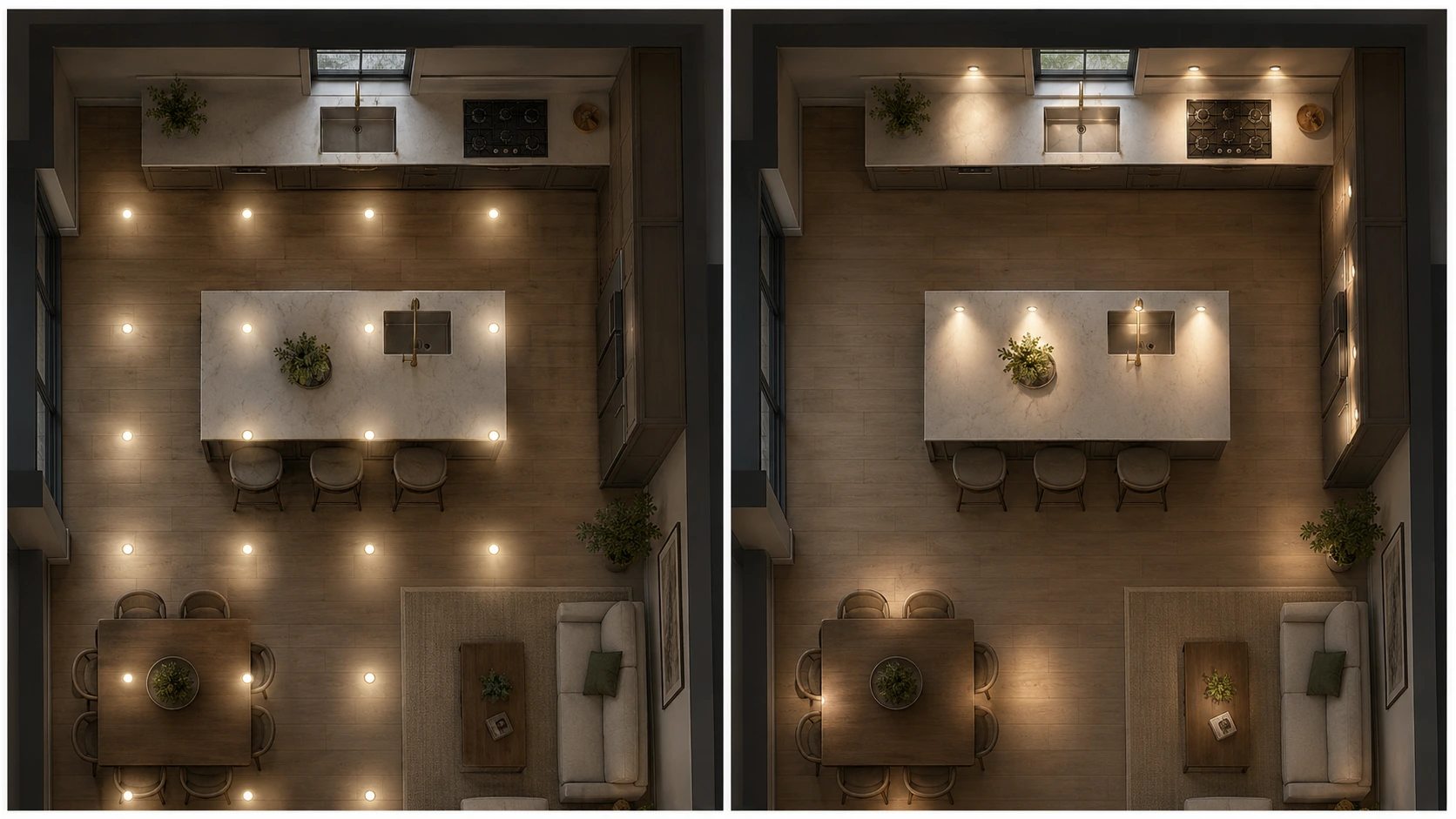 Kitchen spotlight layout comparison between an even ceiling grid and task-focused placement over work surfaces