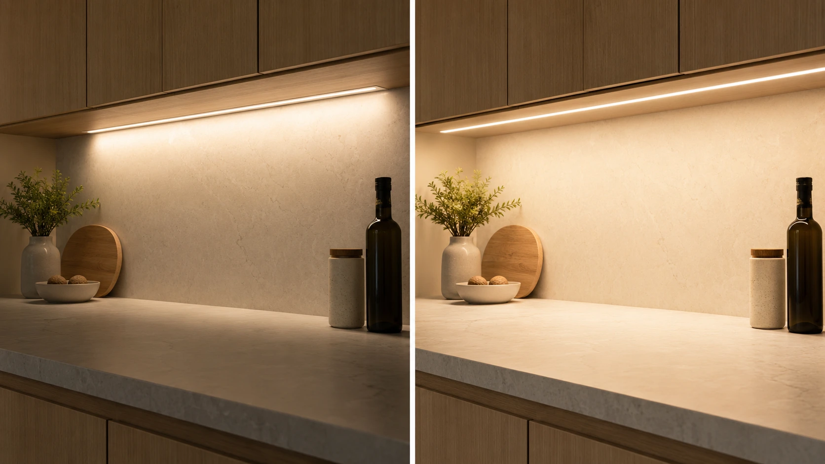 Under-cabinet LED strip comparison showing rear placement versus front-edge placement for better countertop lighting