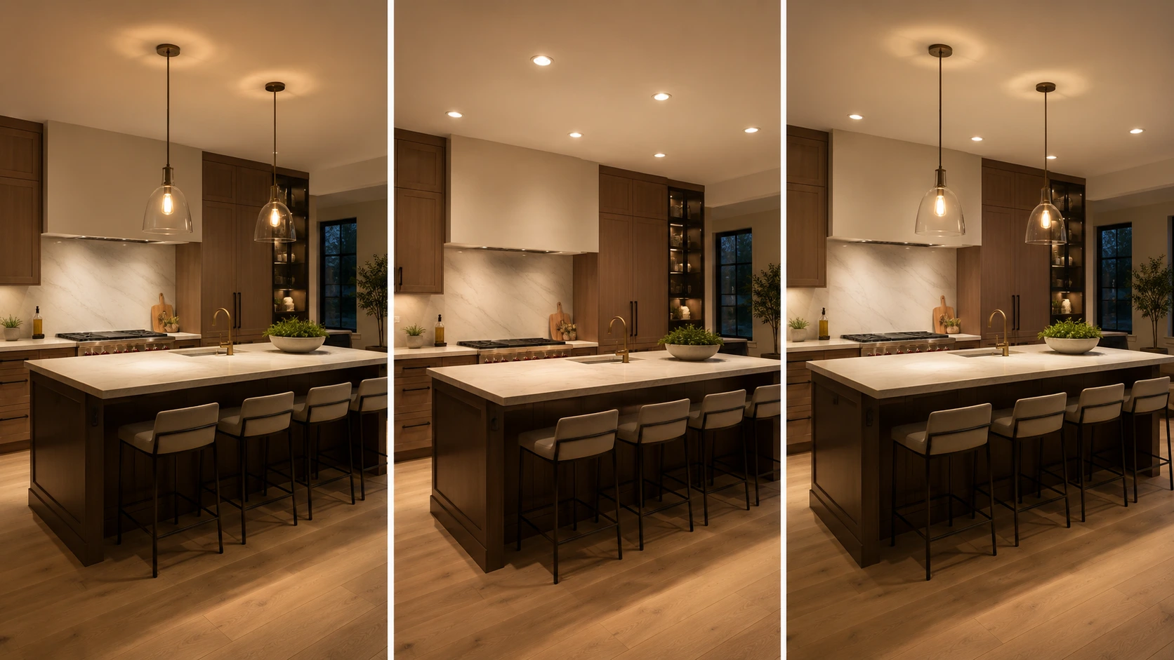 Kitchen island lighting comparison using pendant lights, recessed spotlights and a combination of both