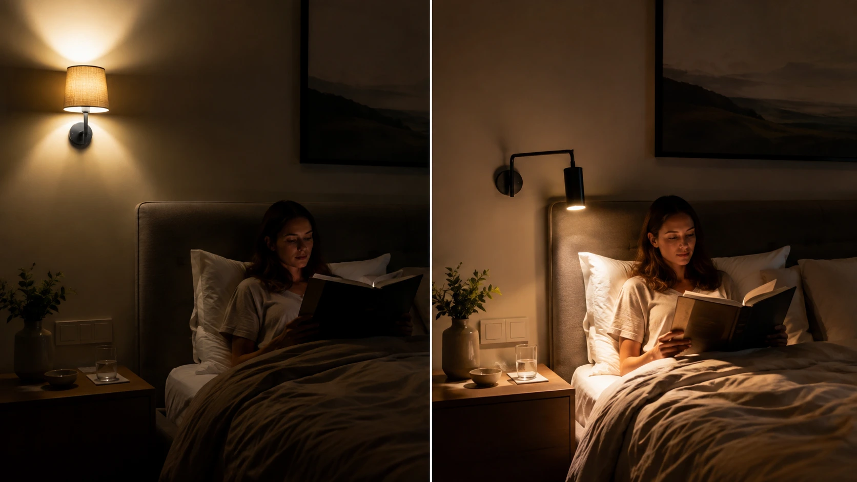 Bedroom bedside lighting comparison showing poor reading light placement and better positioned task lighting