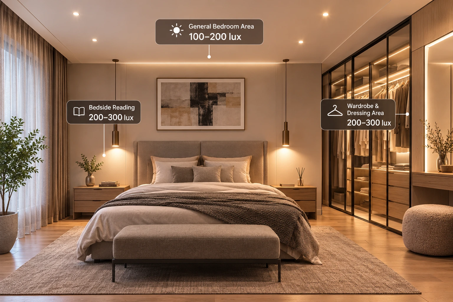 Bedroom lighting guide showing general lighting at 100–200 lux and bedside and dressing areas at 200–300 lux
