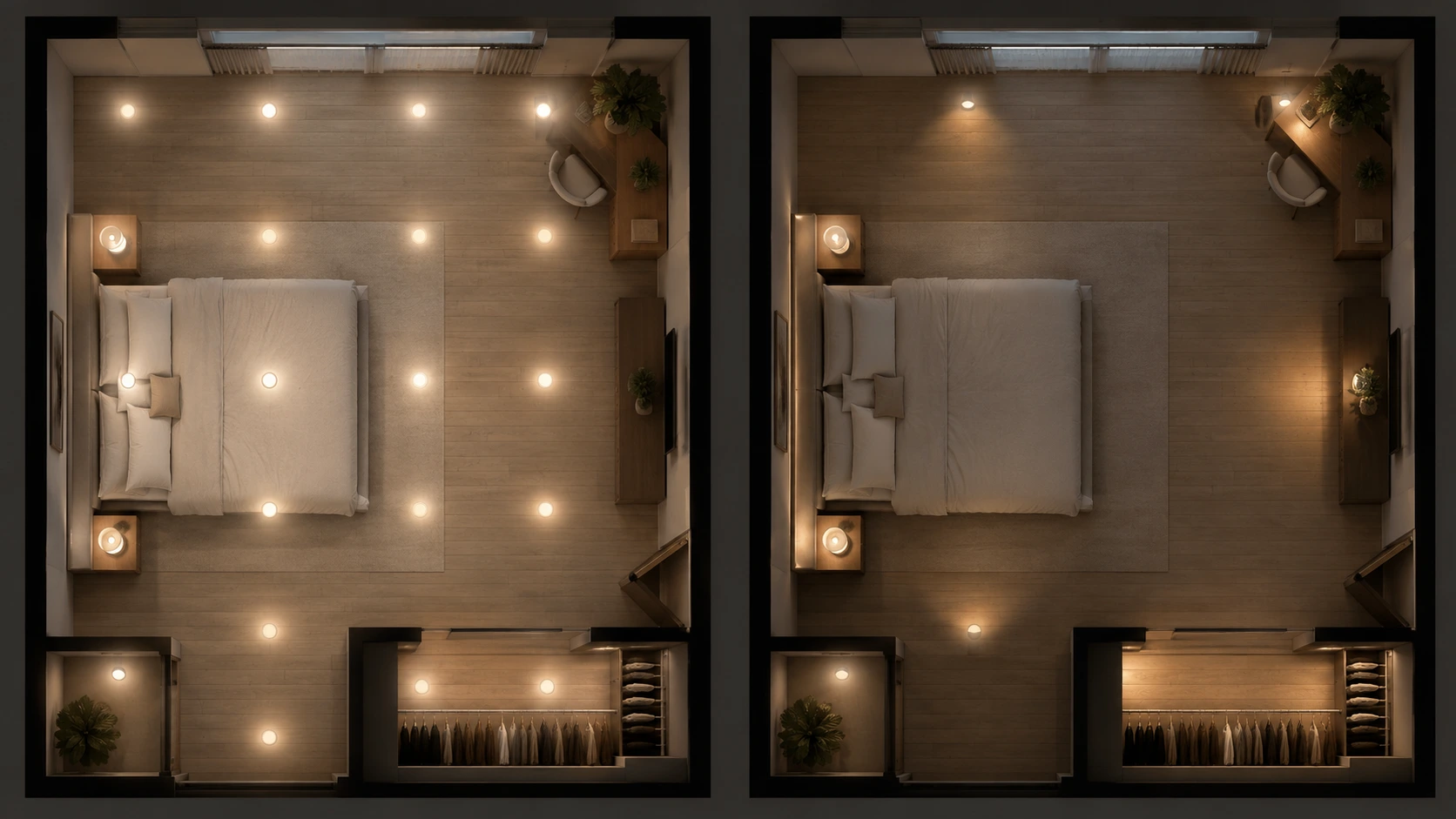 Bedroom spotlight layout comparison between a rigid ceiling grid and function-based lighting placement