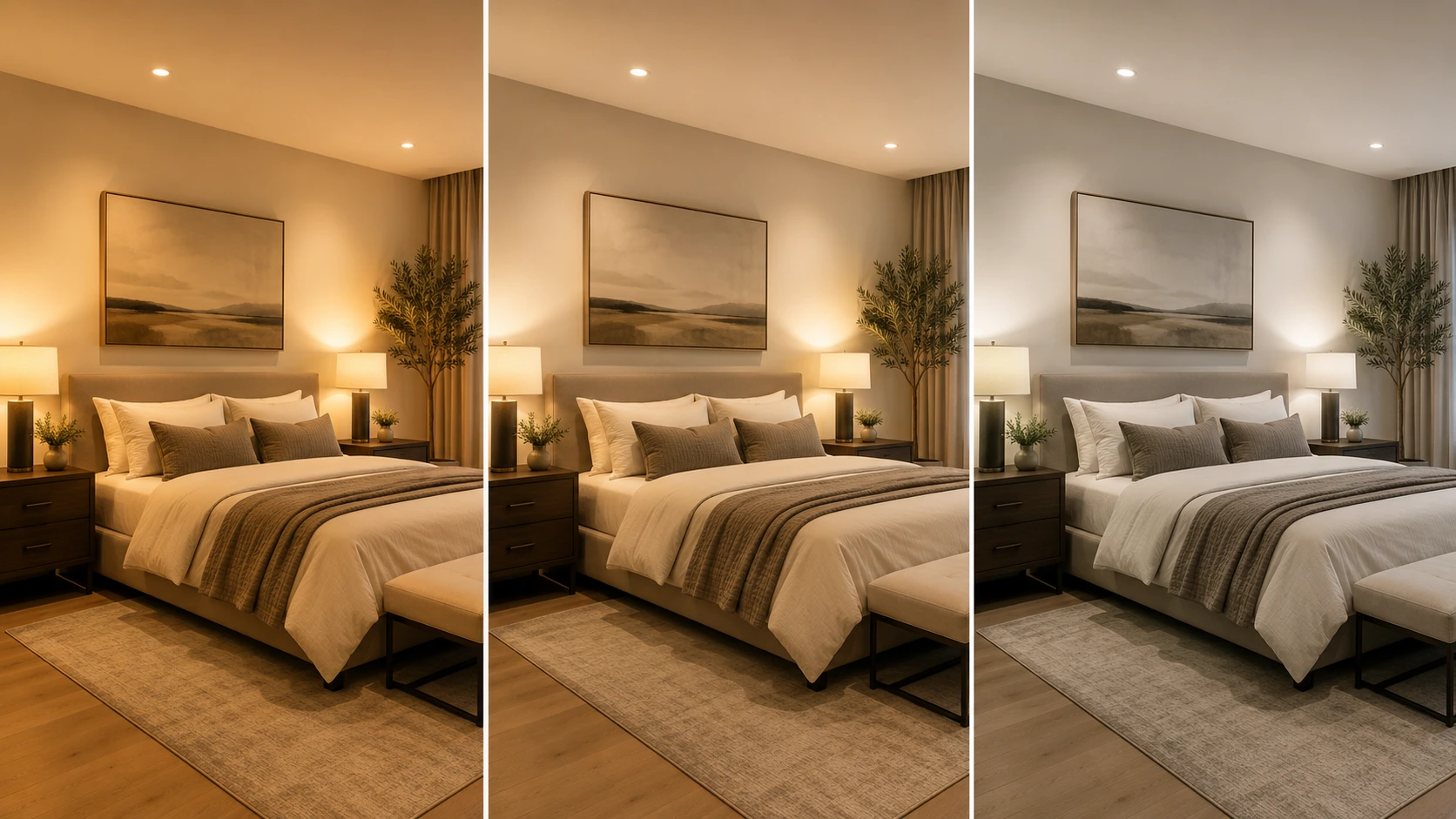 Bedroom lighting comparison showing 2700K, 3000K and 4000K colour temperatures