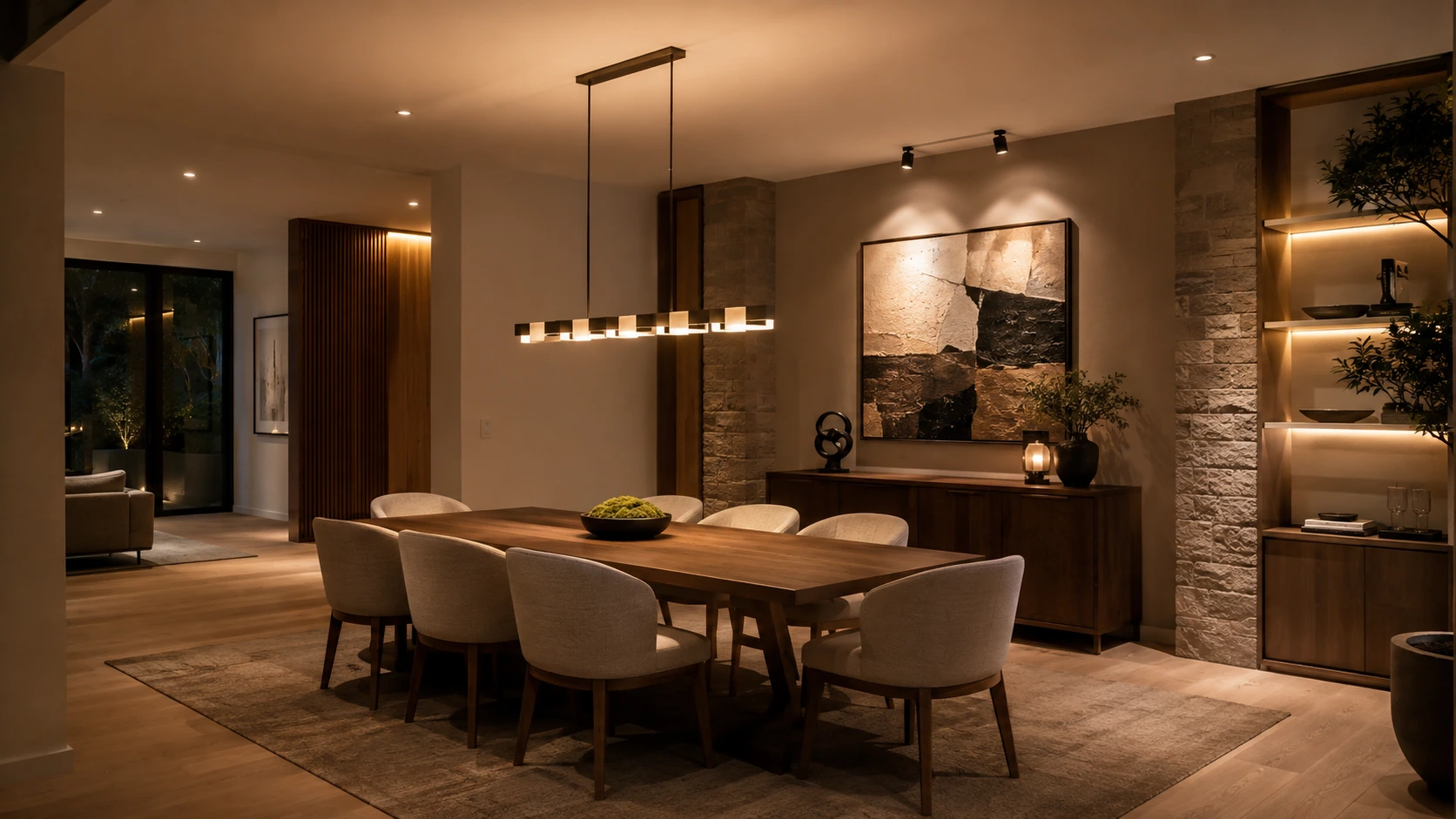 Dining room showing table lighting, ambient lighting, artwork accent lighting and decorative mood lighting