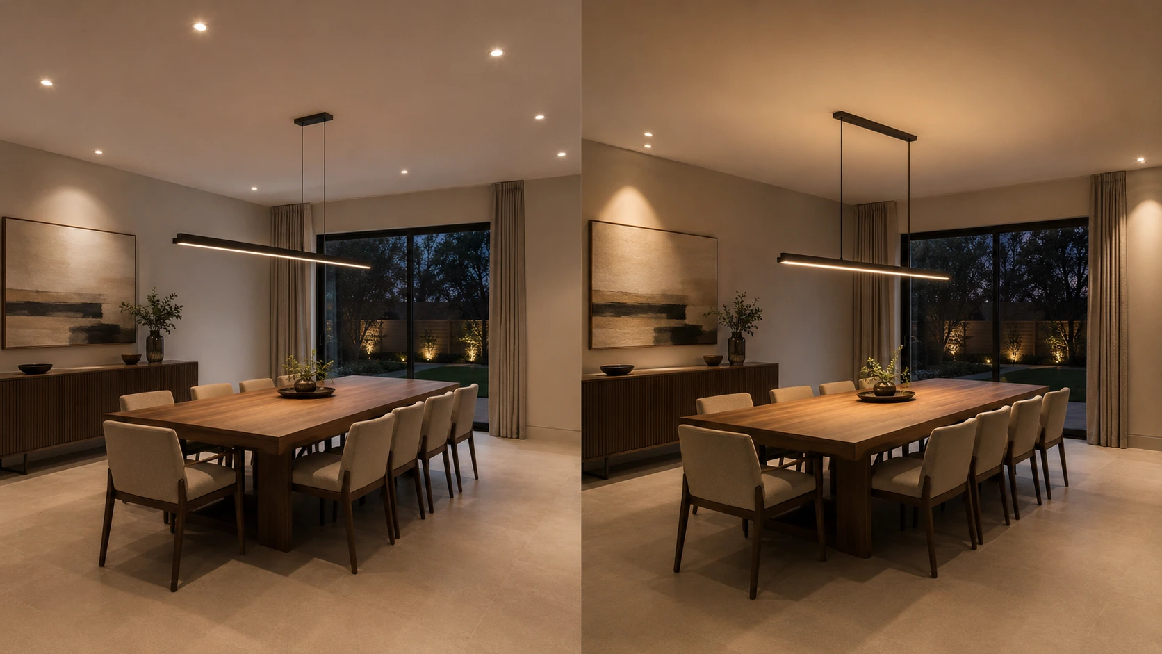 Dining room comparison showing a ceiling-centred pendant versus lighting correctly centred on the dining table