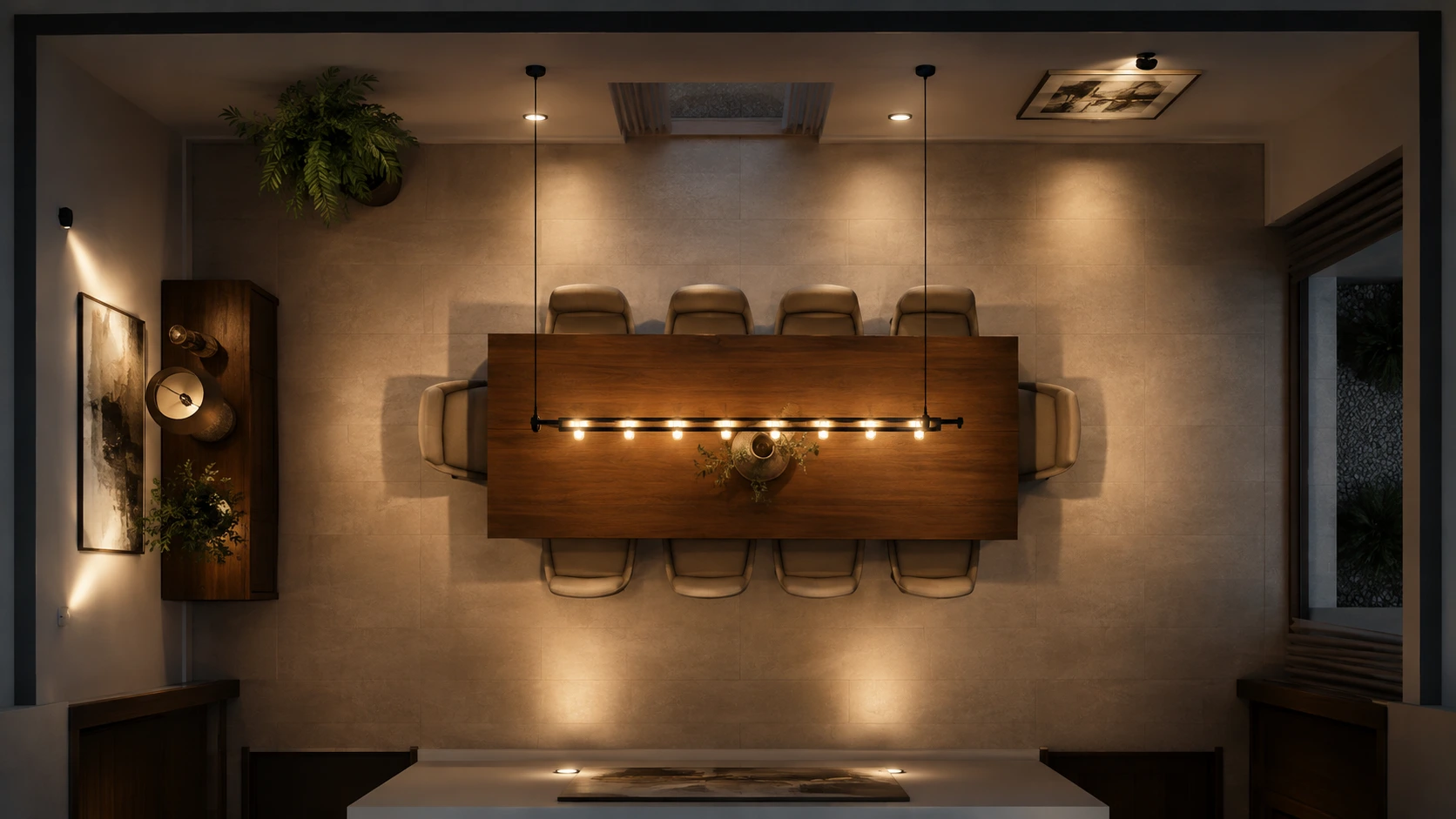 Top-down dining room lighting plan showing light distributed across the table, walls and circulation areas
