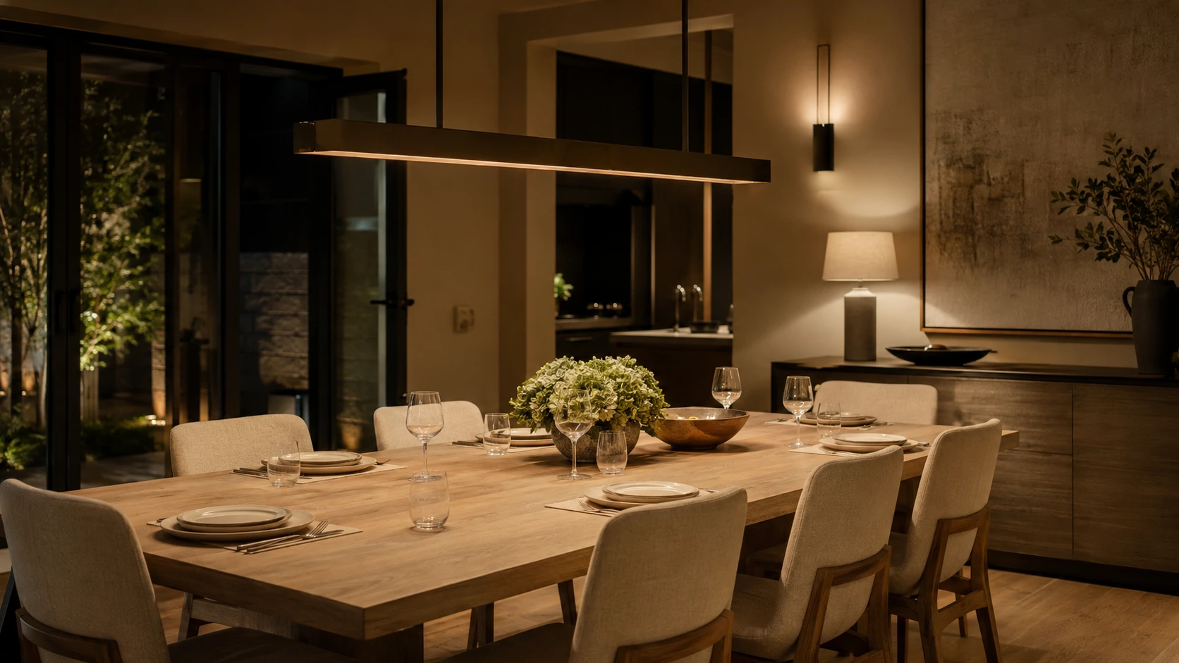 Dining table illuminated evenly by a shielded linear pendant with comfortable surrounding ambient light