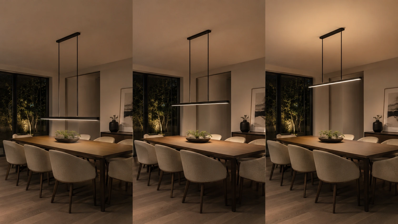 Dining pendant height comparison showing fixtures hung too low, correctly positioned and too high above the table