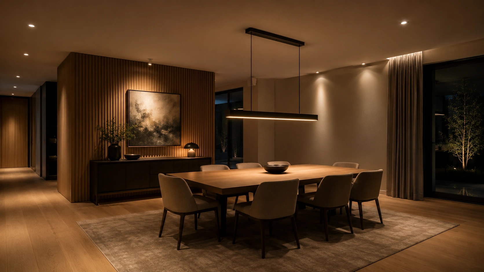 Dining room with pendant lighting supported by purposeful spotlights on circulation, artwork and the sideboard wall