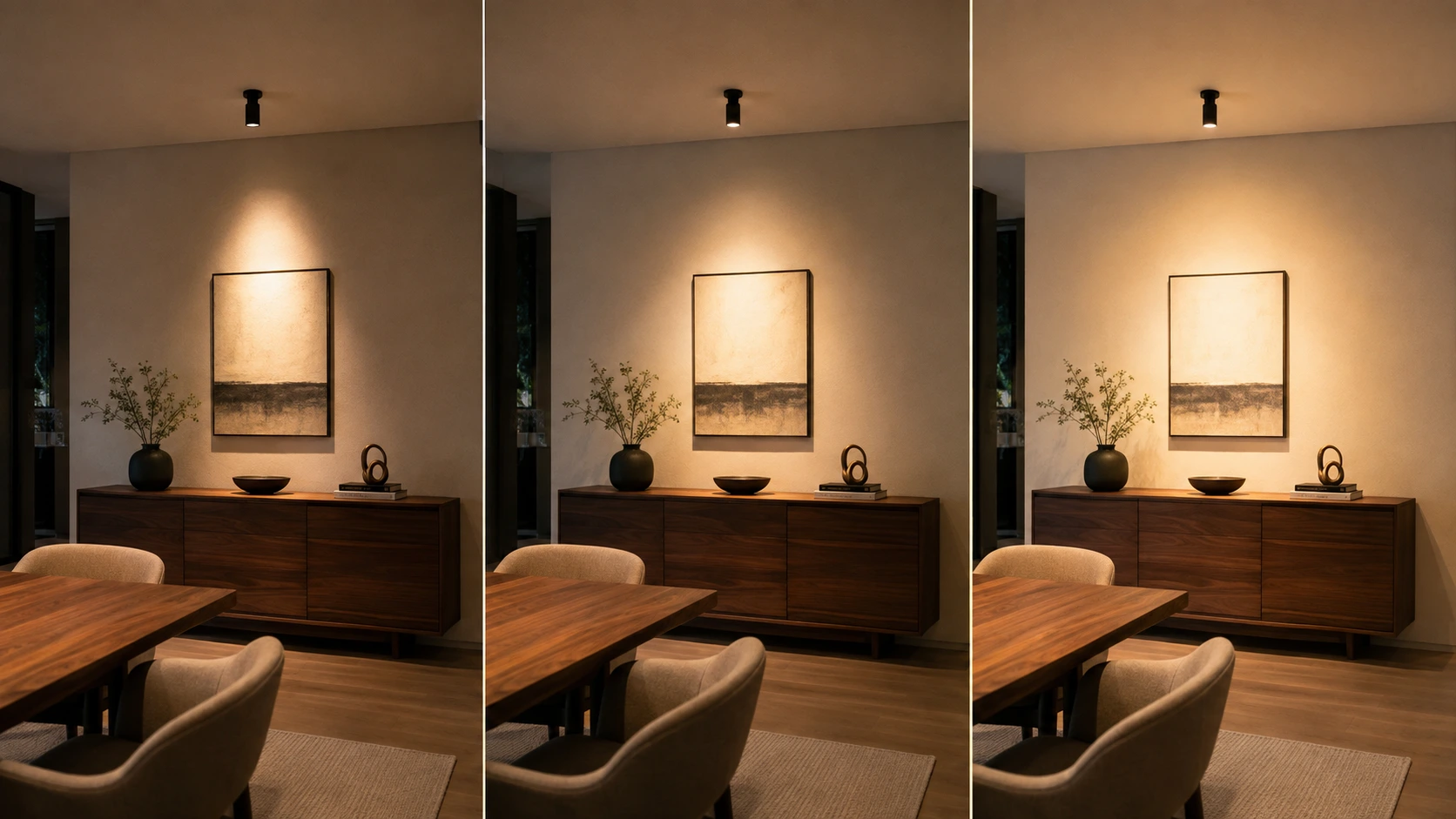 Dining room lighting comparison showing narrow, medium and wide spotlight beam spreads on a wall and sideboard