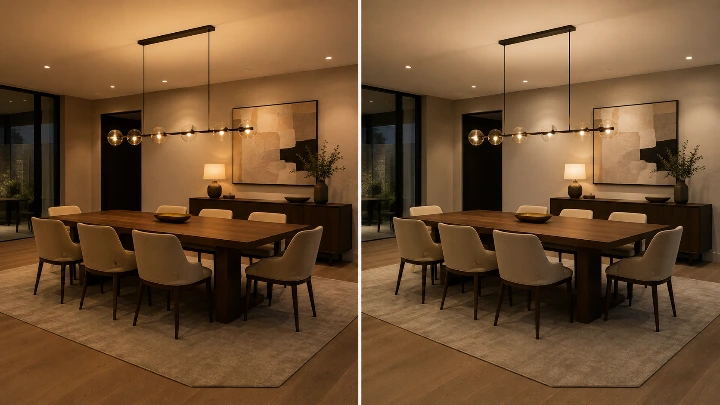 Dining room comparison showing the warmer atmosphere of 2700K lighting versus the cleaner warmth of 3000K